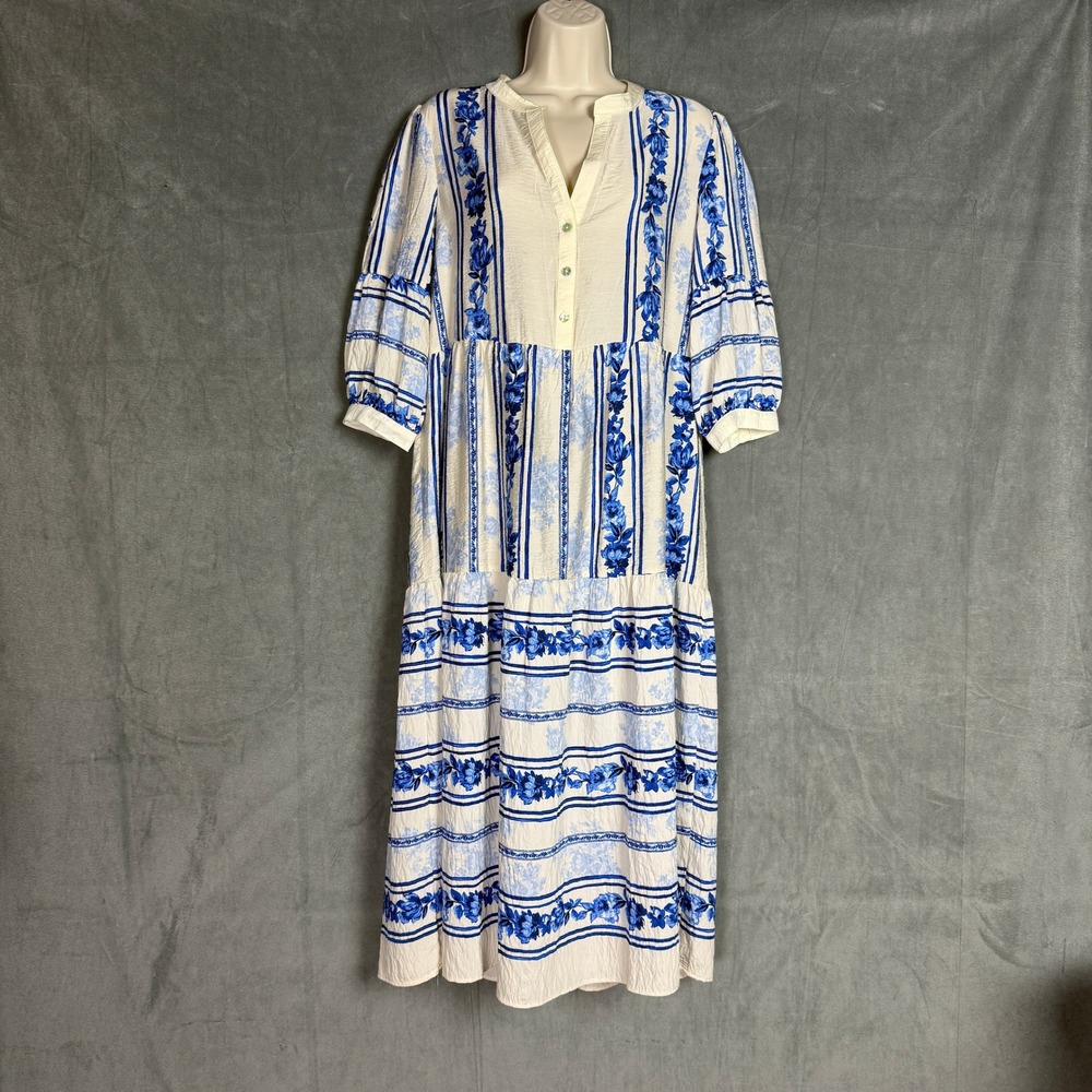 Fig + Flower Midi Dress M NWT Blue White Floral Tiered Slip Puff Sleeve Coastal